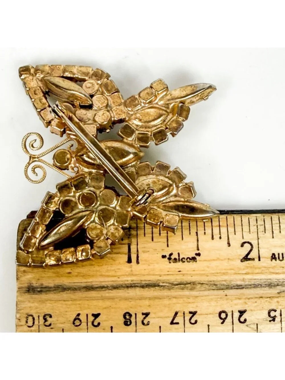 Vintage AB Amber Prong Set Rhinestones Navette Gold Tone Butterfly Brooch Pin